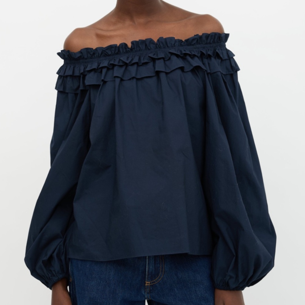 Ulla Johnson | Women’s Navy Blue Double Ruffle Elastic Neckline Olga Top Size 2